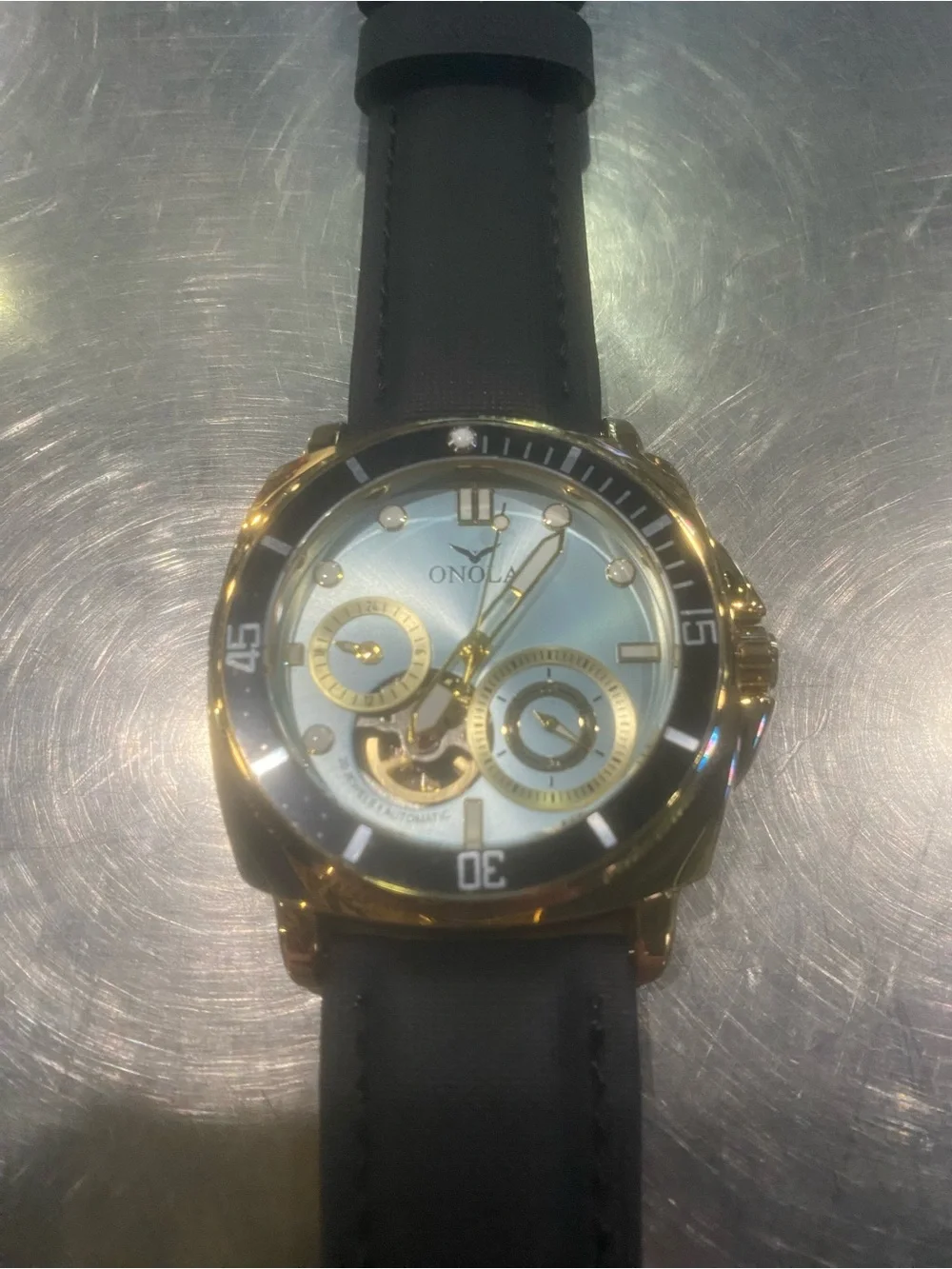 New Olona Men’s Gold-Tone Mechanical Watch with Black Strap